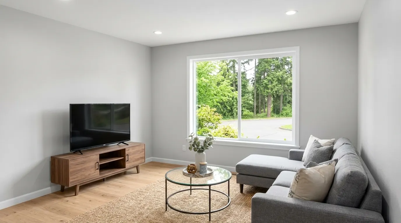 Same living room fully rebuilt and restored after fire damage