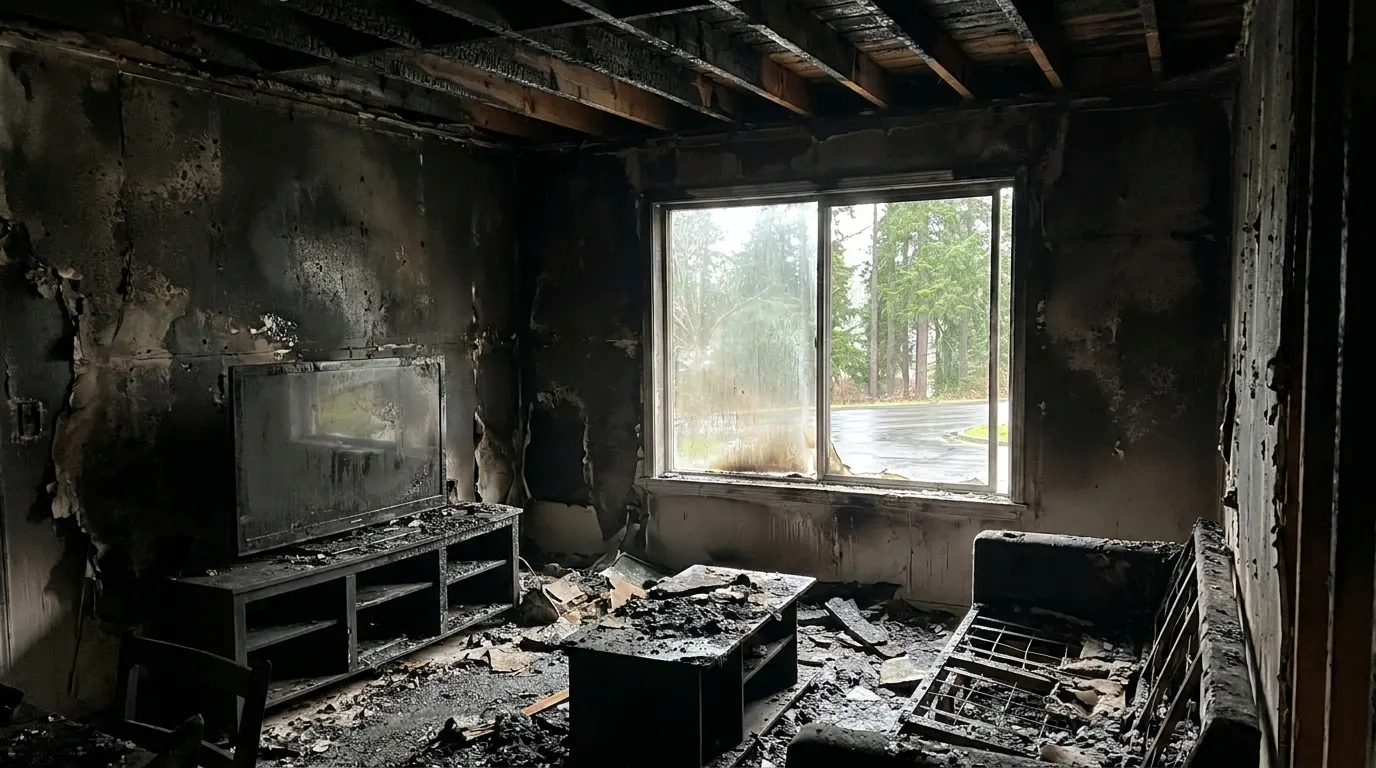 Living room with severe fire damage and charred walls before restoration