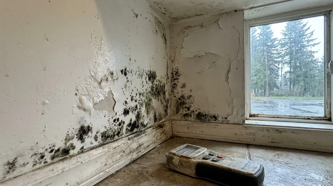Bathroom wall with spreading mold before remediation