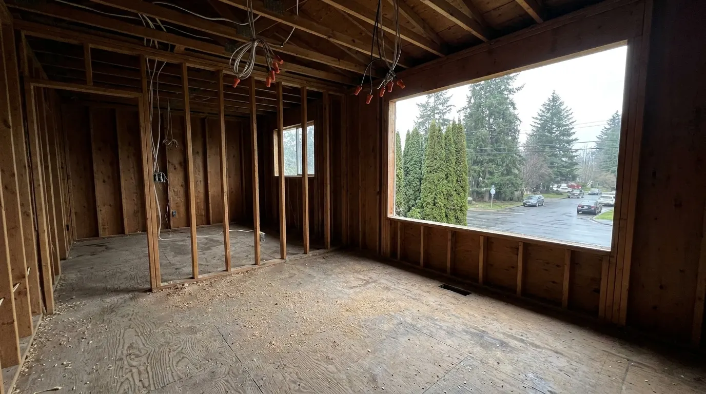 Room gutted to the studs before reconstruction
