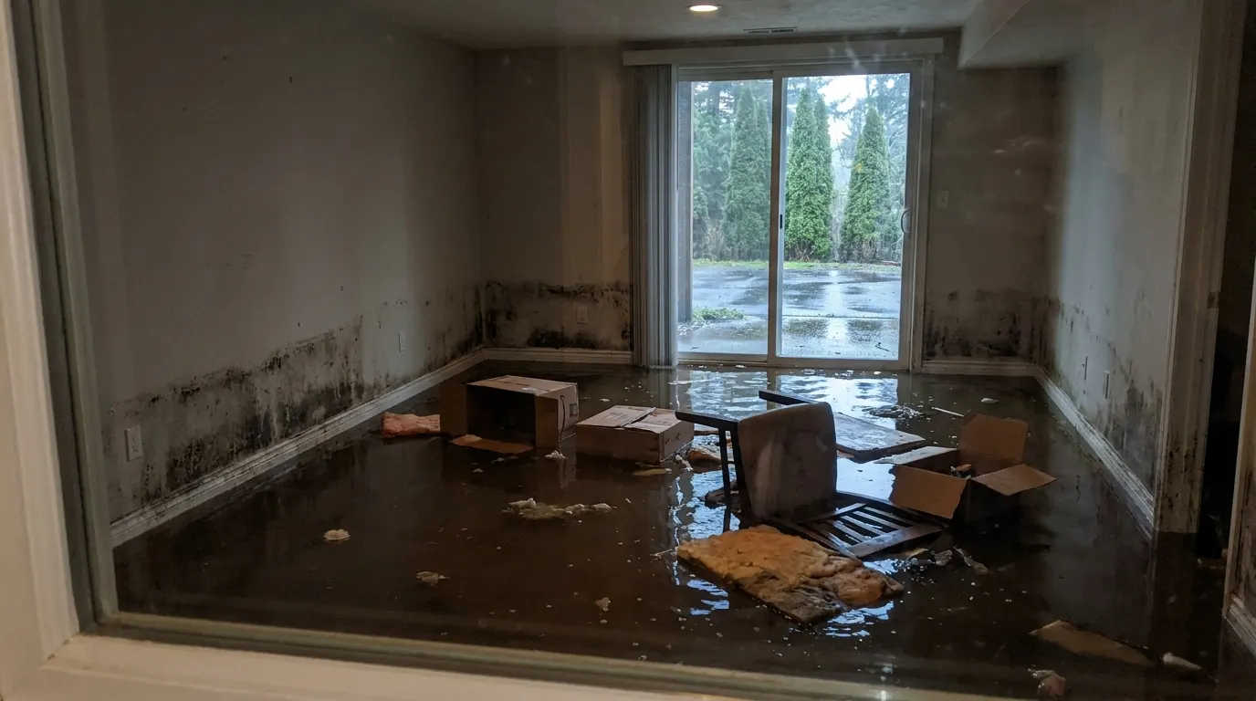 Basement flooded wall to wall by a sewage backup before cleanup