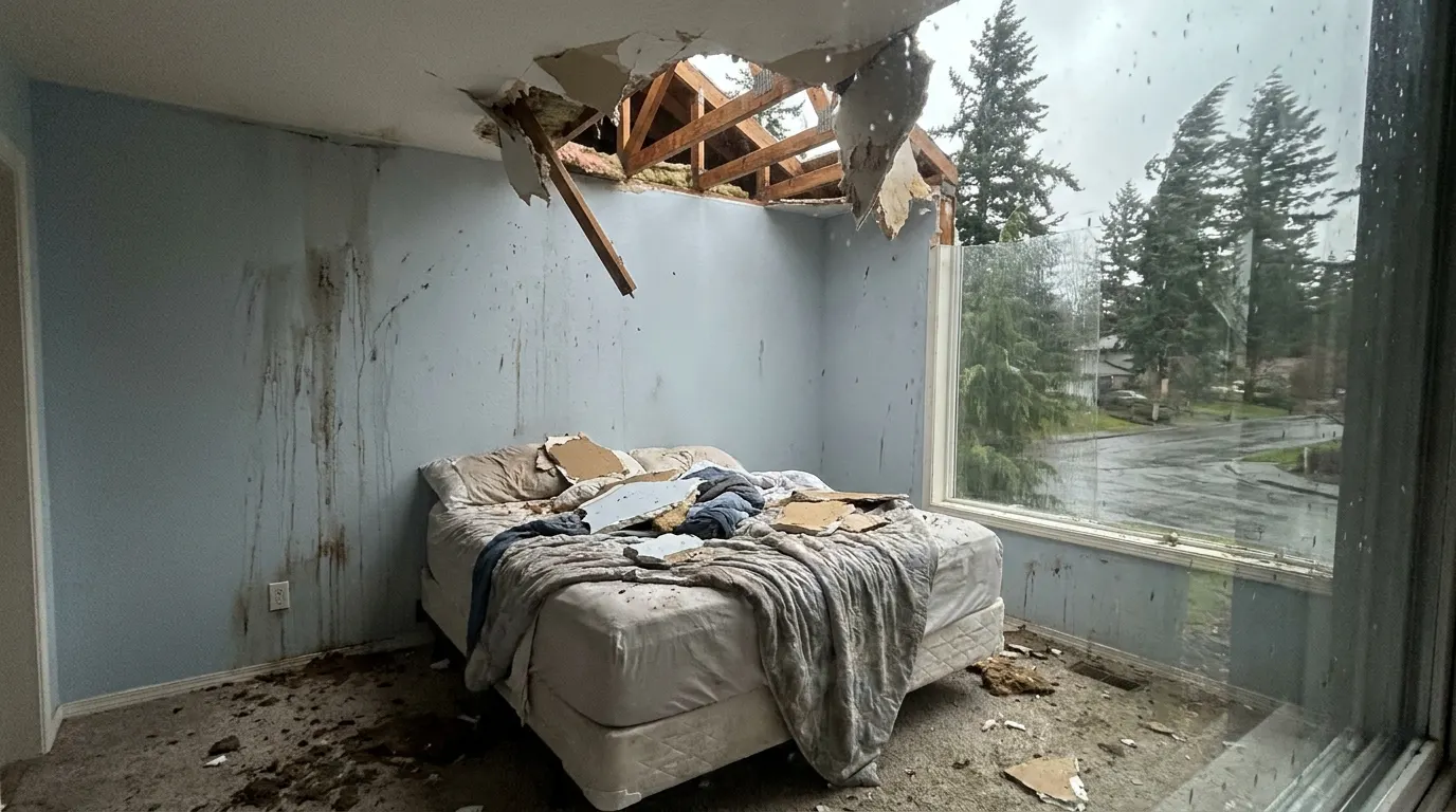 Bedroom with collapsed ceiling and storm debris before repair