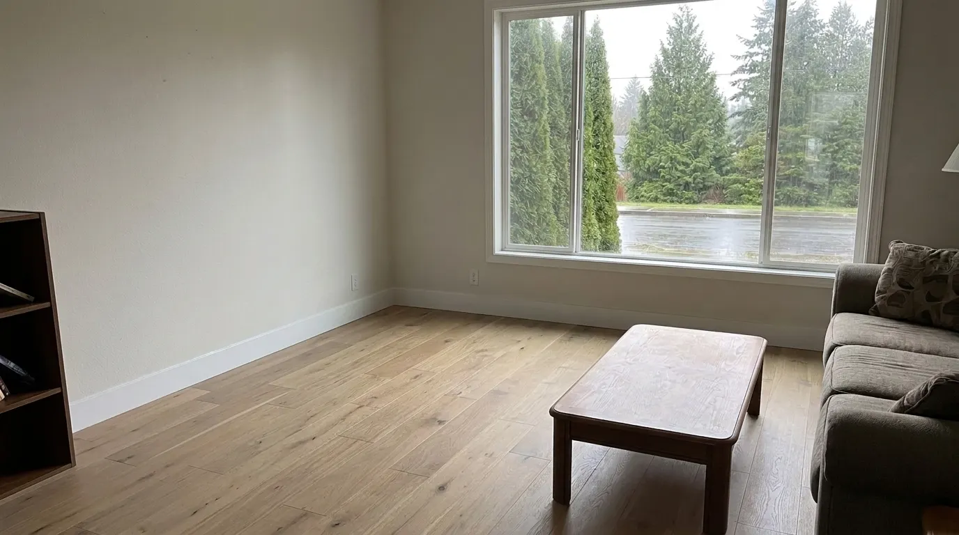 Same living room with new premium plank flooring and repaired walls after restoration
