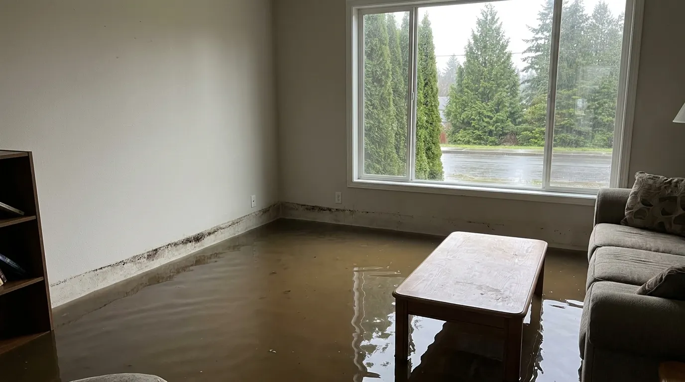 Flooded living room with standing water before restoration